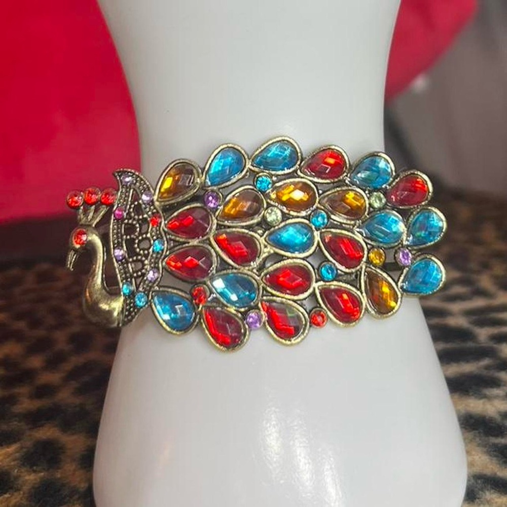 Multicoloured Peacock Rhinestone Bangle Cuff - image 2